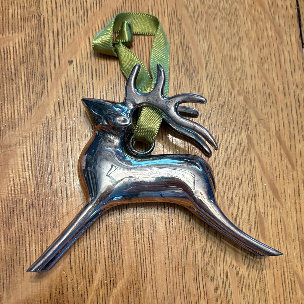 Vintage Pottery Barn Silver Plated Heavy Reindeer Christmas Ornament‎ 4"